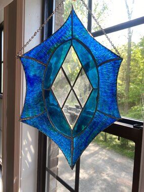 Stained Glass Hanging Panel With Blue & Clear Diamond Design 15 Inches